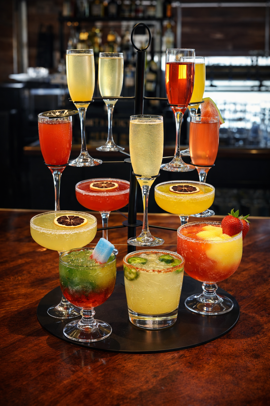 An assortment of colorful cocktails on a black tray, arranged in a pyramid with a bar in the background.