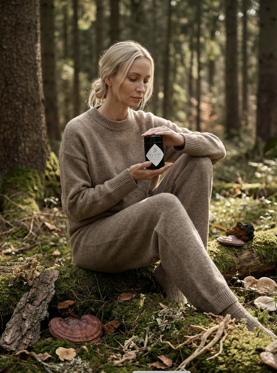 A woman dressed in cozy beige clothing sitting on moss-covered ground in a forest, holding a jar labeled 'YLOVI' and looking at it thoughtfully.