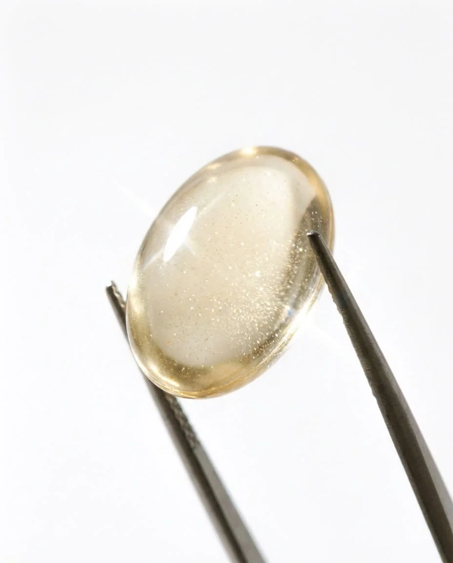 Close-up of a transparent oval-shaped gemstone with a light yellow tint, held by metal tweezers.
