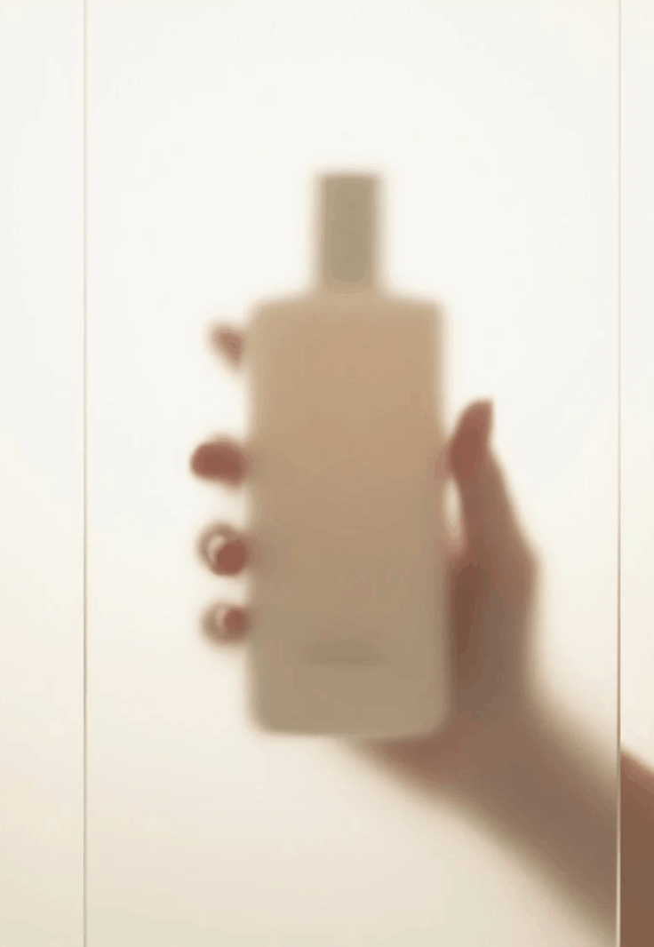 A blurry image of a hand holding a lotion or soap bottle, with the person's thumb on one side and fingers on the other, against a plain white background.