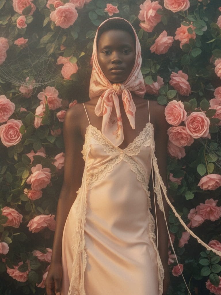 A woman wearing a satin beige dress with lace details and a pink patterned headscarf stands in front of a lush backdrop of pink roses and green foliage.
