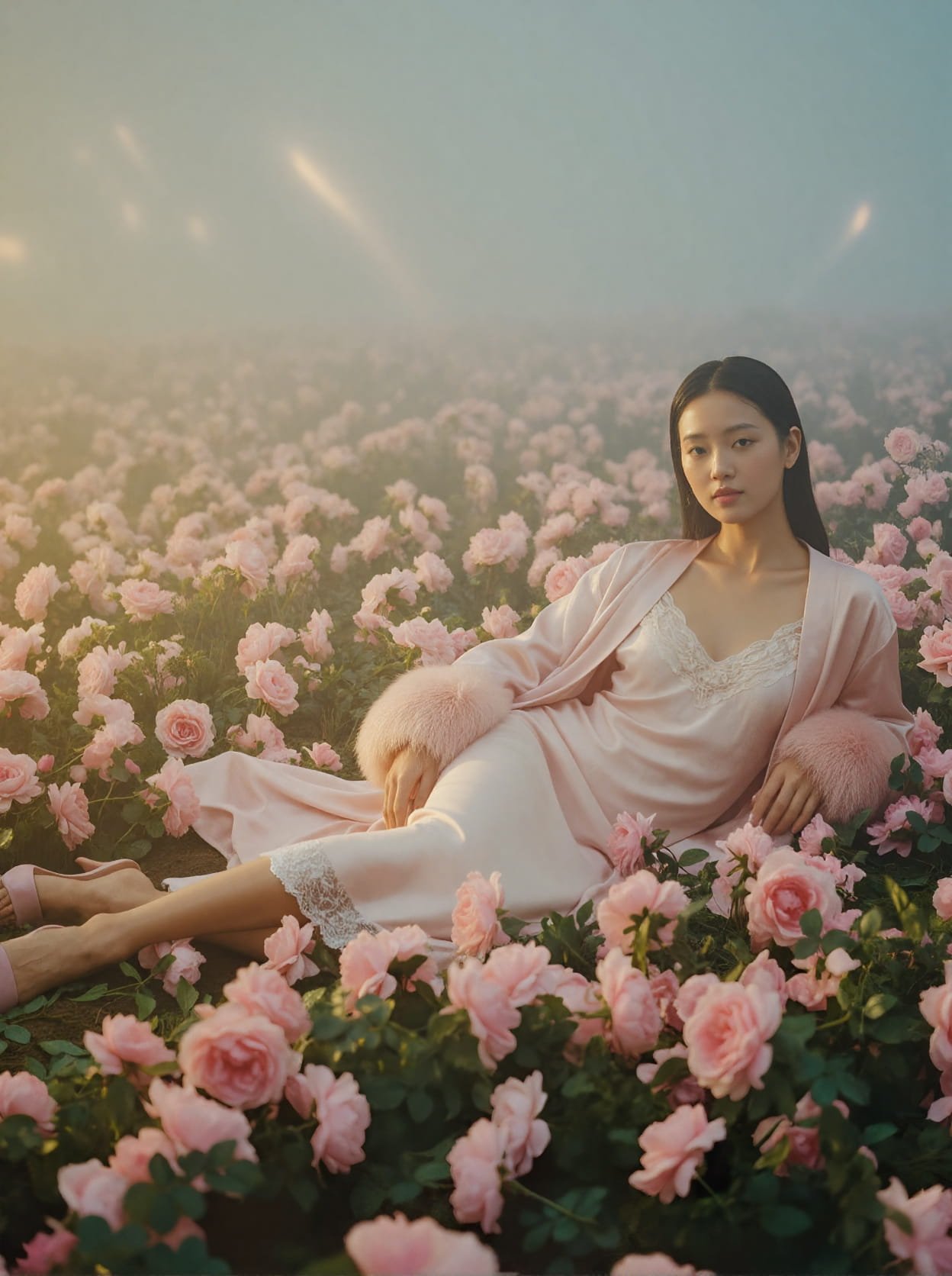 A young woman in a light pink satin dress with lace details, lounging in a field of pink roses during sunset or sunrise.