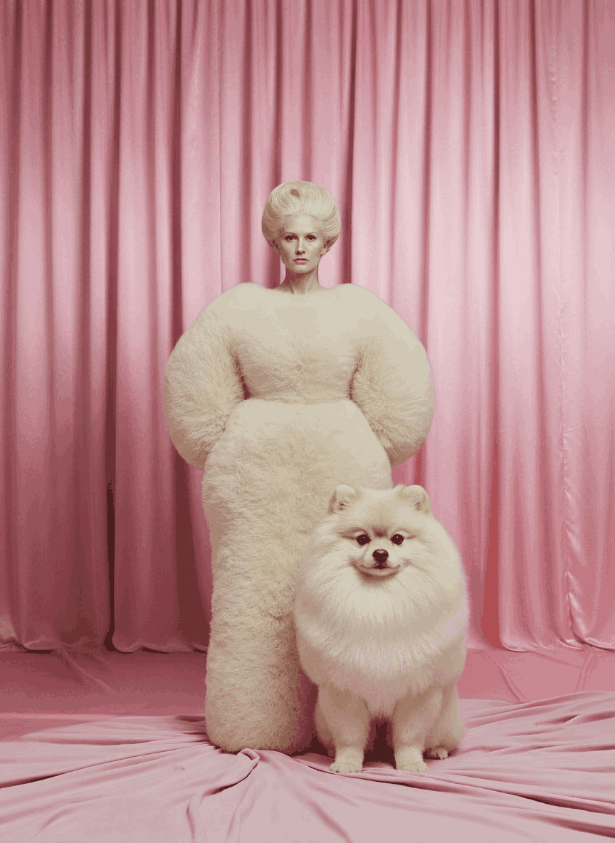 A woman with platinum blonde hair styled in an updo, wearing a fuzzy, cream-colored dress with large, rounded sleeves, standing in front of pink curtains. A fluffy white dog, possibly a Pomeranian, is sitting in front of her, facing the camera with a