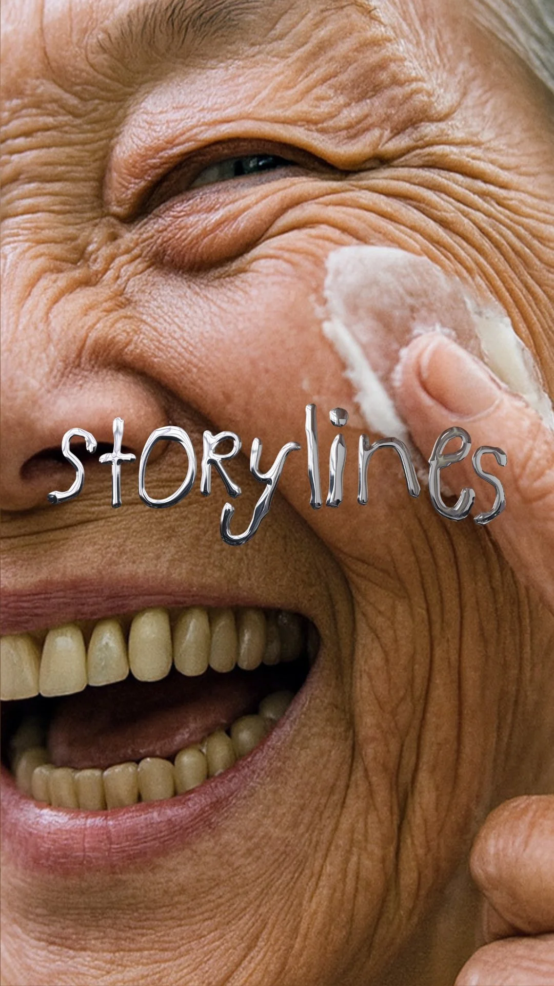 Close-up of a smiling elderly person's face with prominent wrinkles, showing a set of teeth, and the word 'storylines' written across the face.