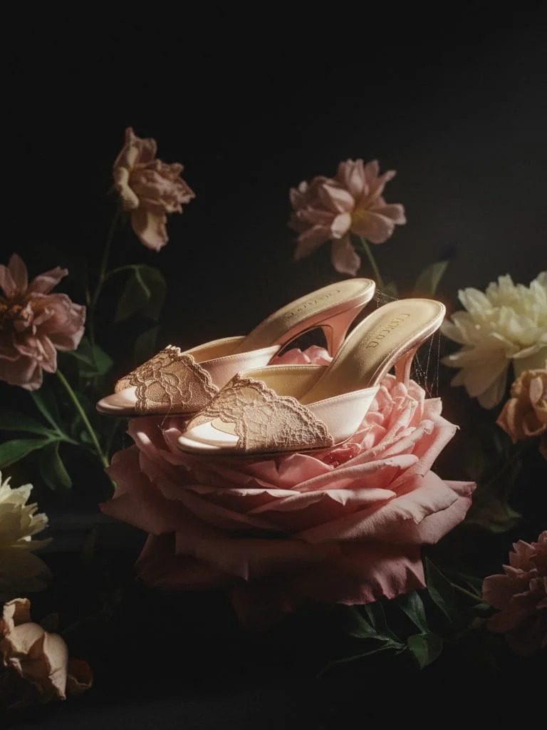 Pair of elegant high-heeled shoes with lace details placed on a pink rose surrounded by pink and white flowers against a dark background.