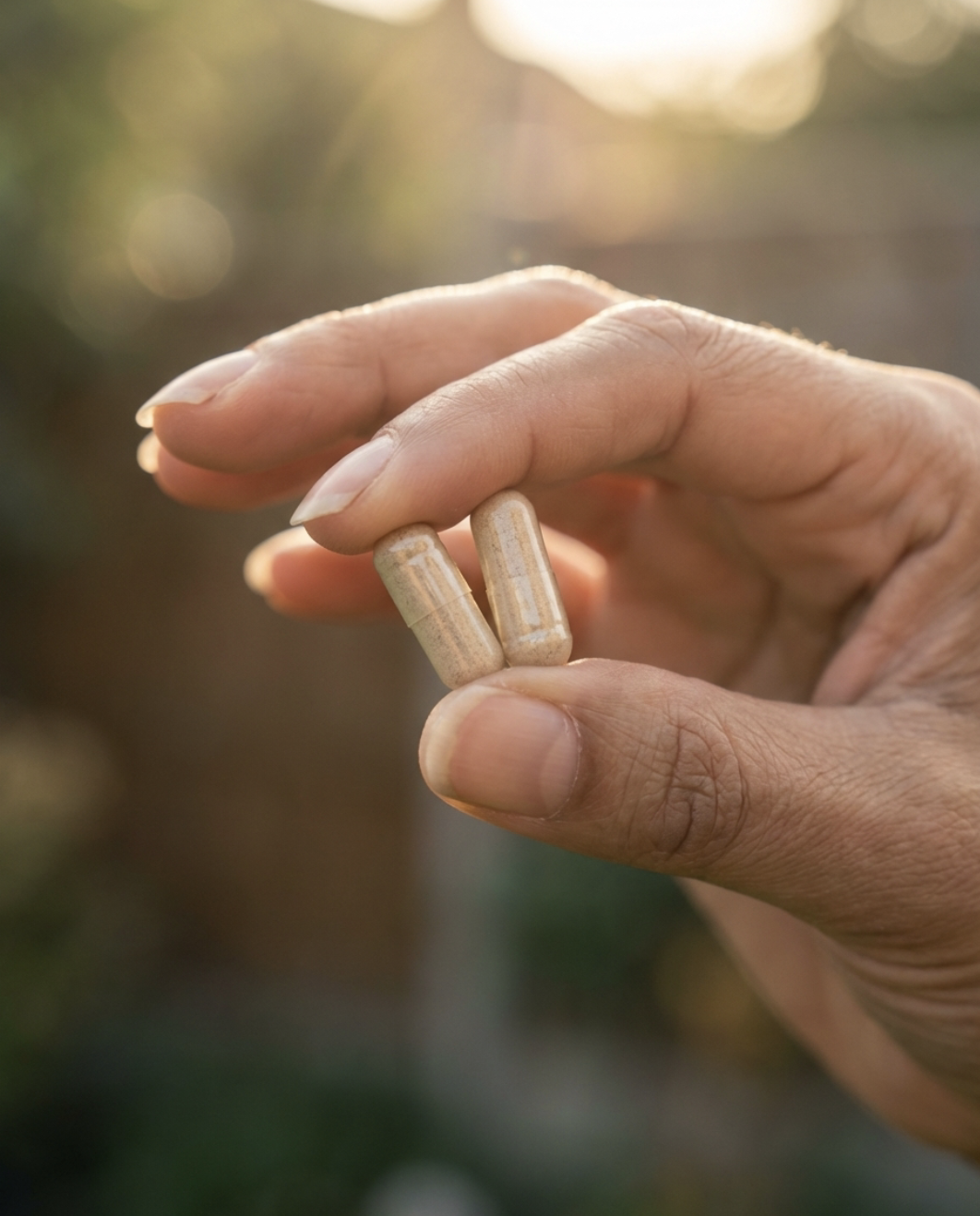 Close-up of a person's hand holding two beige capsules outdoors with blurred background.