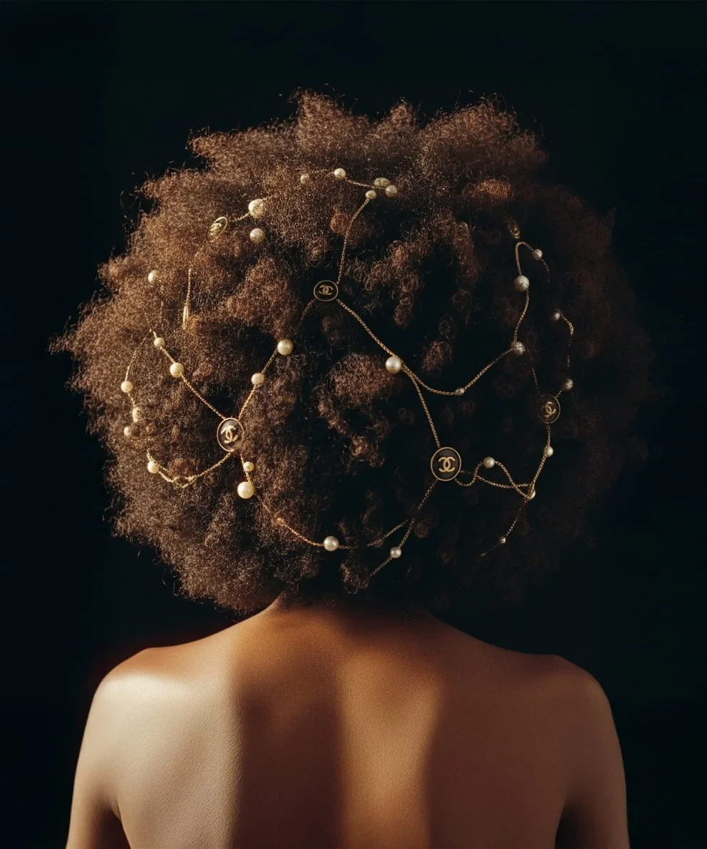 A person with natural curly hair adorned with jewelry that features pearl and gold accents, including the Chanel logo, set against a dark background.