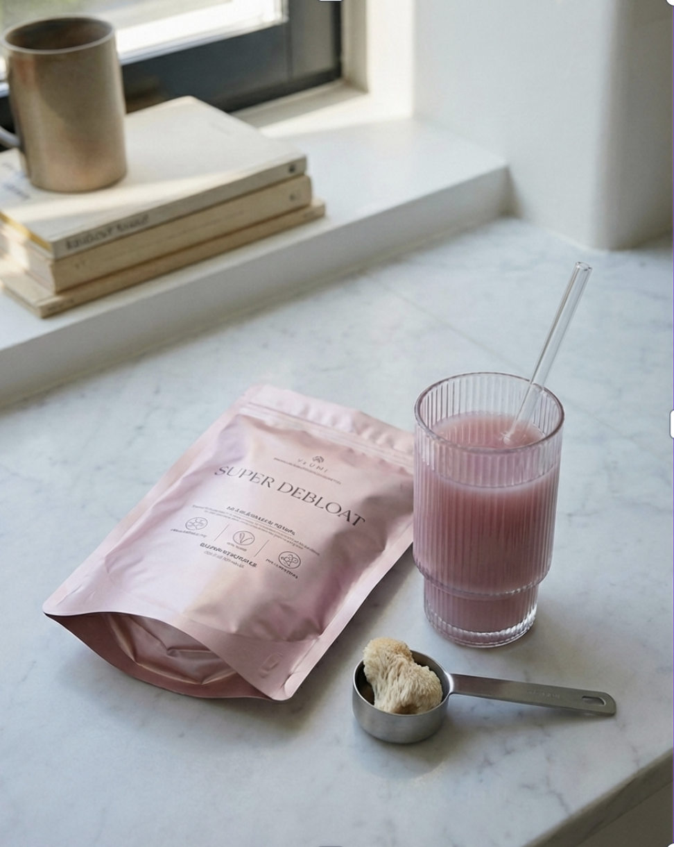 A pink packet labeled 'Super Debloat' on a marble countertop, next to a glass of pink beverage with a straw and a stainless steel measuring spoon with a piece of sponge inside. In the background, there are stacked books and a cup on a windowsill.