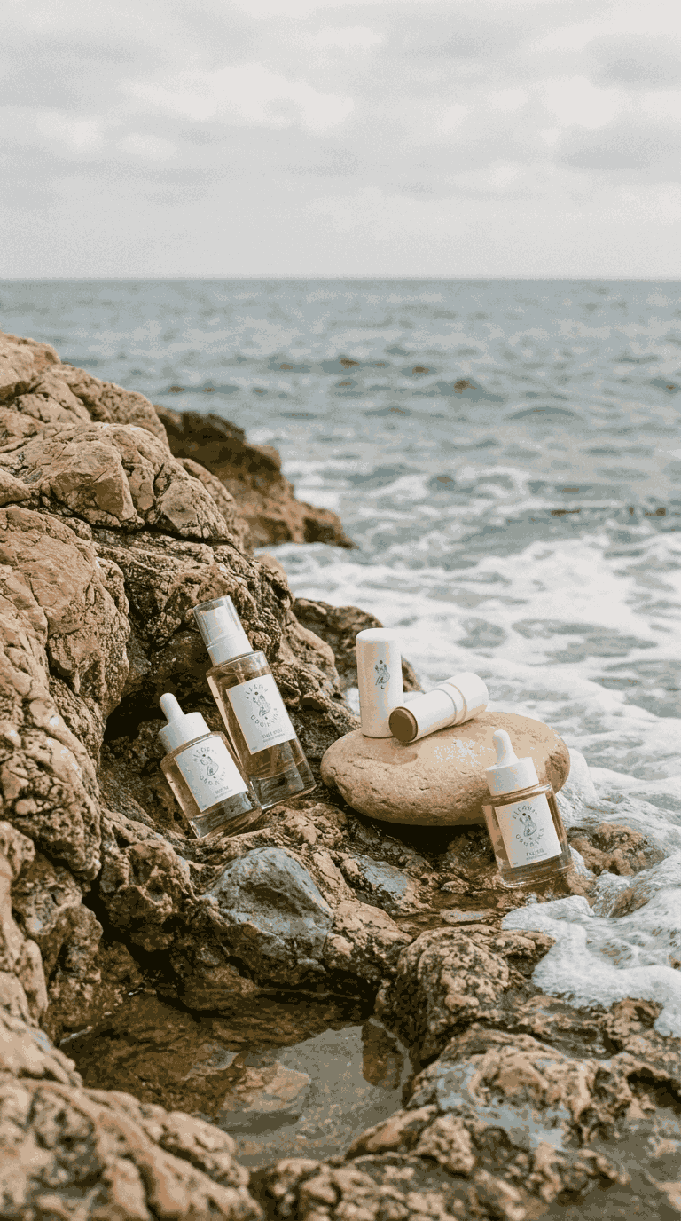 Skincare bottles and containers placed on a rocky shoreline with ocean waves in the background.
