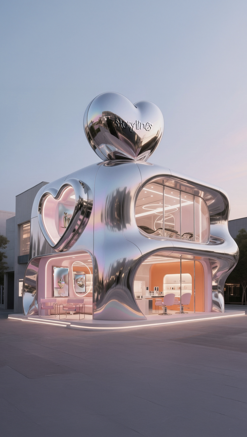 Futuristic jewelry store with a metallic, reflective exterior shaped like a heart, featuring large heart-shaped windows and pink interior lighting.