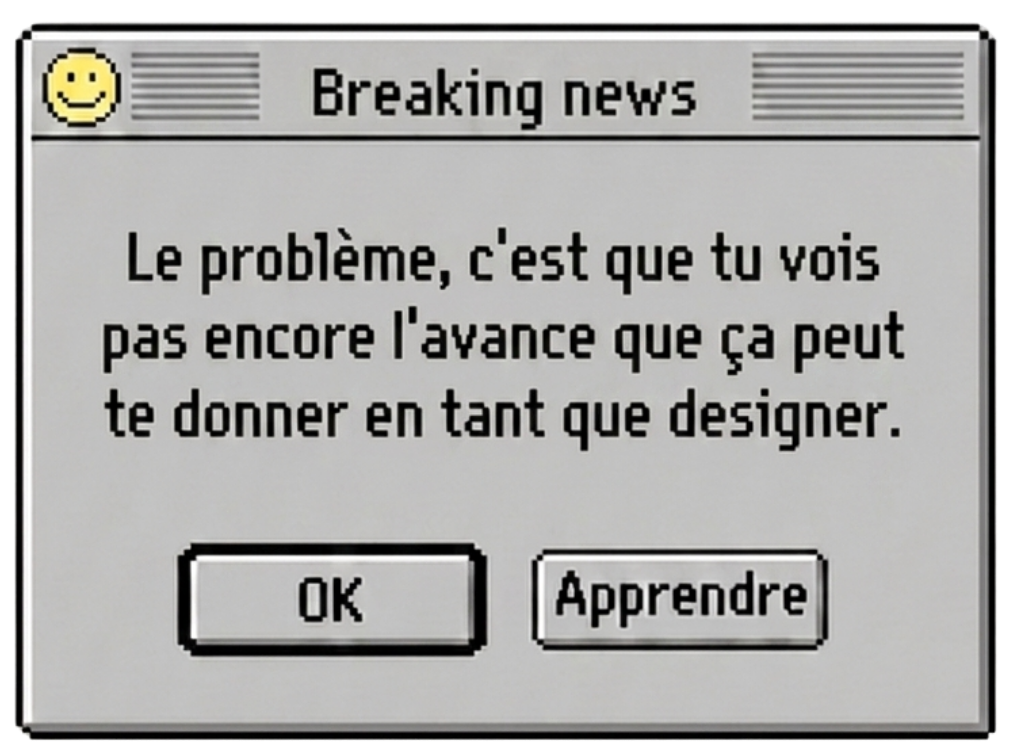 Illustrations de fenêtres système expliquant que le problème n'est pas l'IA mais la manière dont les graphistes apprennent à l'utiliser.