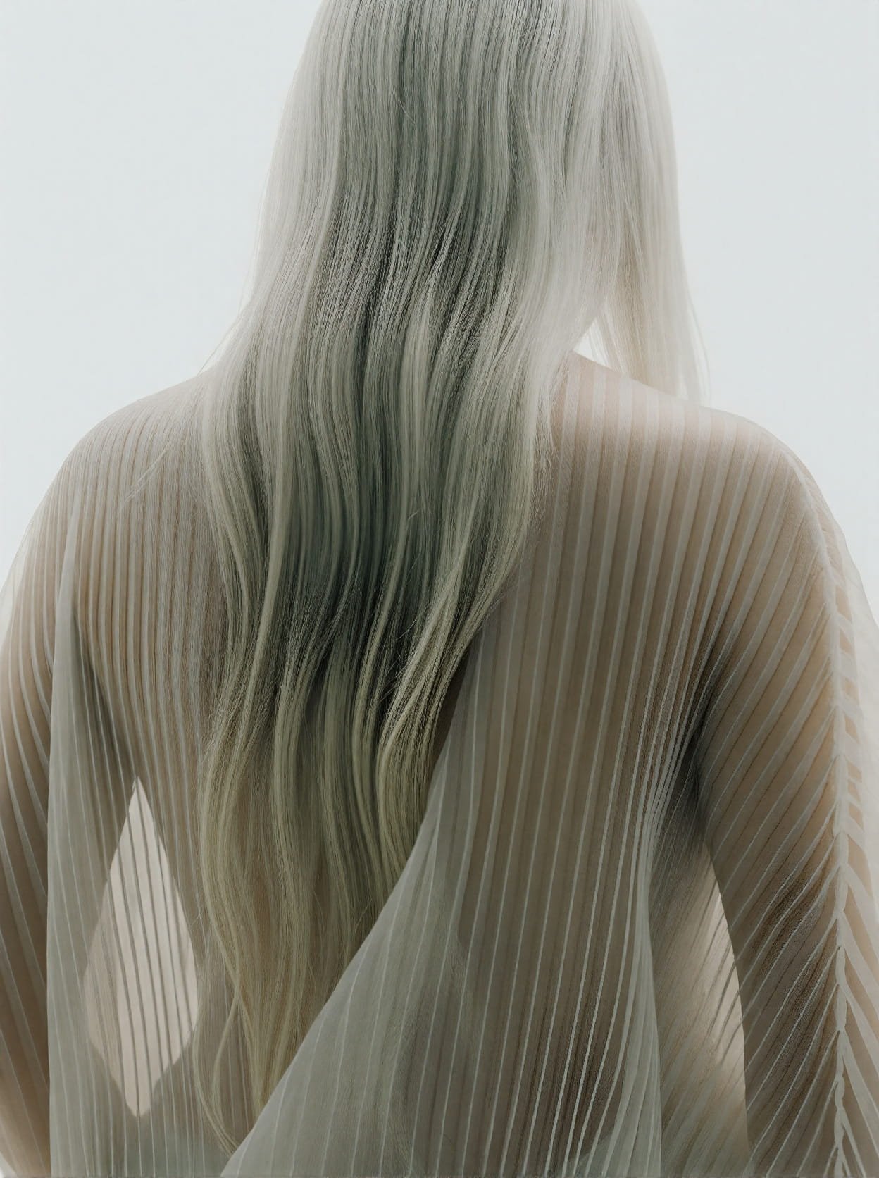 Back view of a woman with long, wavy, blonde hair, wearing a sheer, striped fabric top.