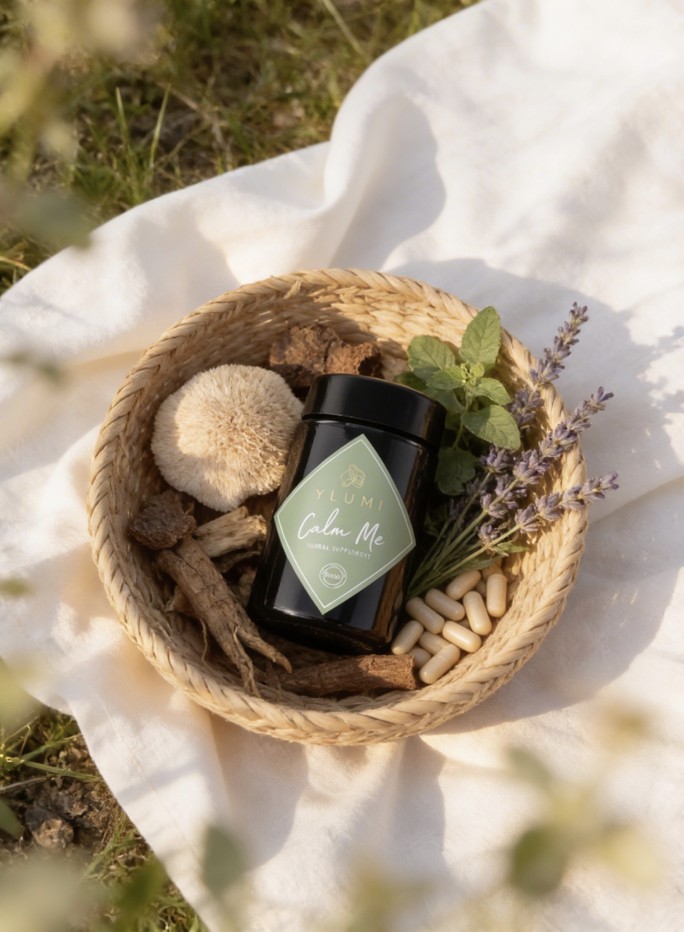 A small wicker basket containing herbal supplements, dried herbs, a sponge, and sprigs of lavender, with a black bottle labeled "Ylumi Calm Me" herbal supplement inside, placed on a white cloth outdoors.
