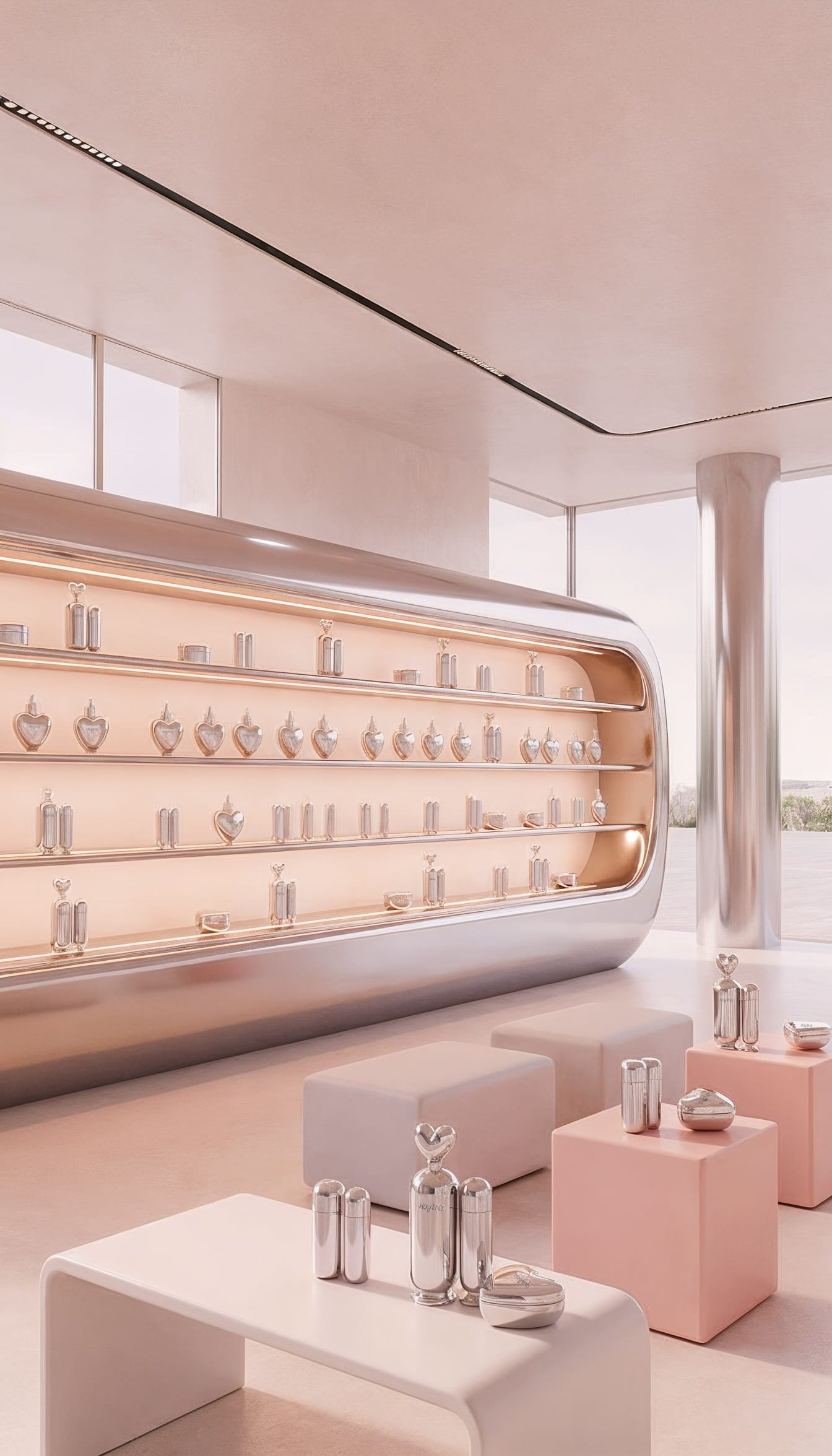 Modern artwork display with a sleek, illuminated case showcasing clear glass and metal intricacies. Surrounding the display are minimalist furniture pieces, including white and pink geometric stools and simple tables holding glass and metal decorativ