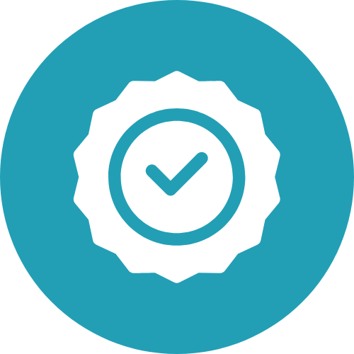 A blue circular badge with a white checkmark inside a circle at the center, surrounded by a gear-like border indicating verification or approval.