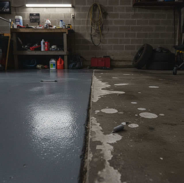garage floor coated with glossy epoxy and no stains