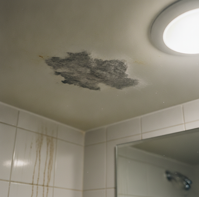 Person painting a bathroom wall beside a fogged mirror