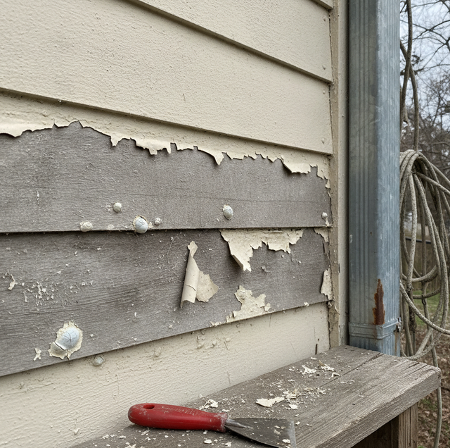 peeling and bubbling exterior paint on weathered wood siding