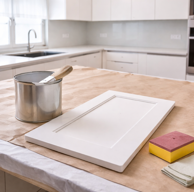 hand applying white enamel to cabinet door with brush
