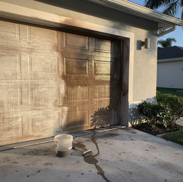 faded chalky white garage door with sun bleaching