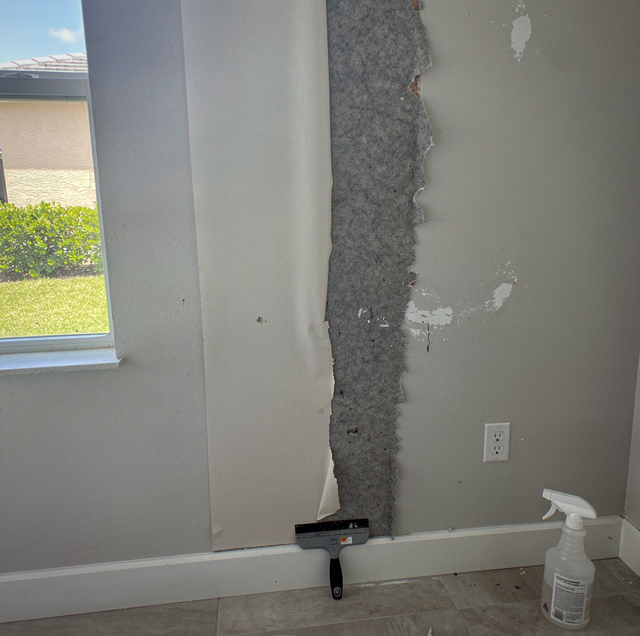 Hand peeling wallpaper strip from bare drywall
