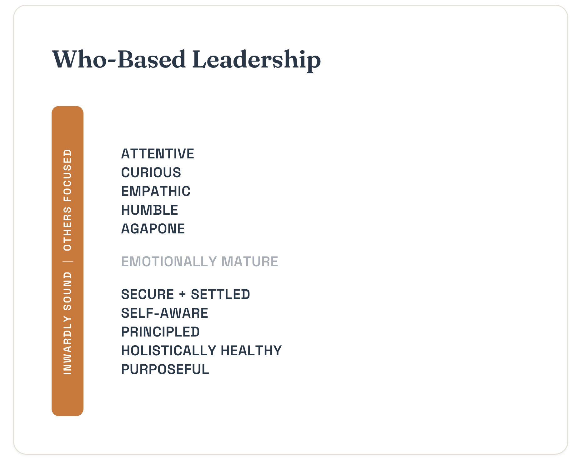 Image lists the 11 qualities of who-based leadership