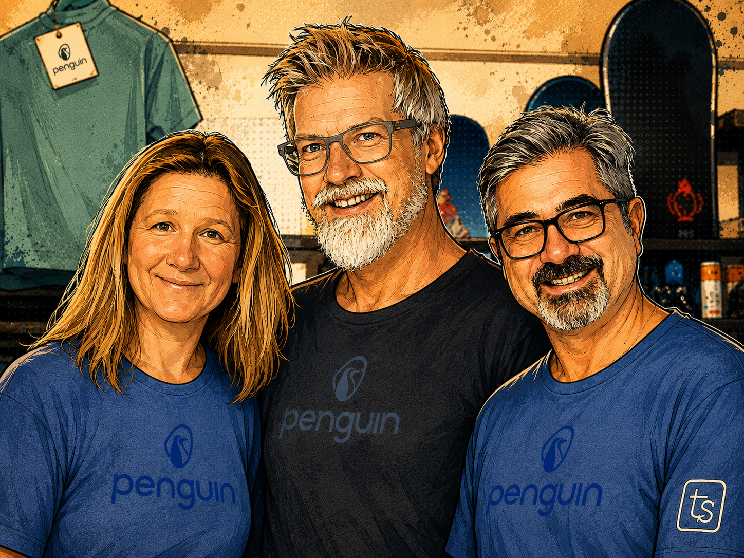 Drei lächelnde Menschen mit Penguin-Logo auf blauen und schwarzen T-Shirts stehen in einem Arbeitsraum mit Skateboards und Kleidung im Hintergrund.