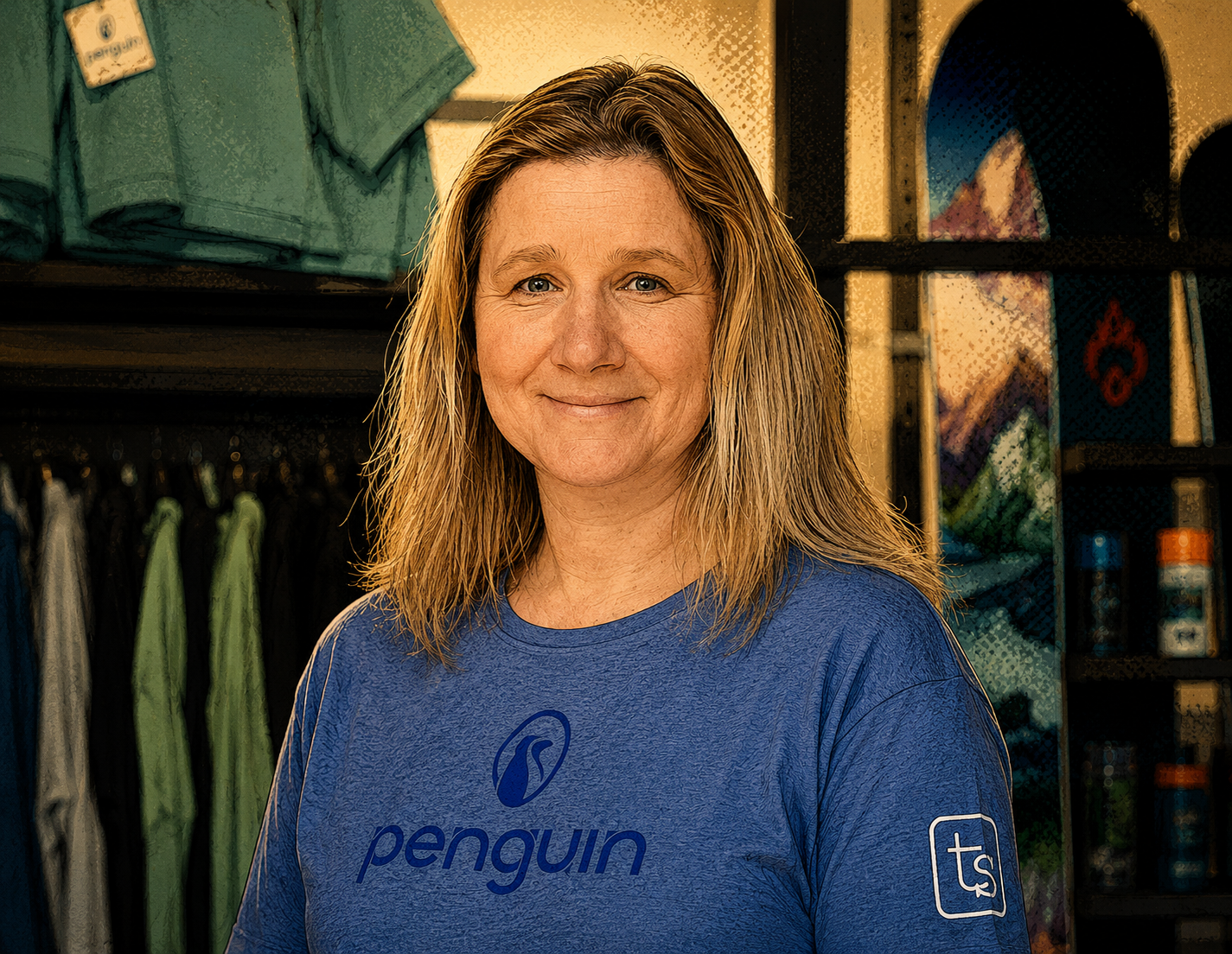 Eine lächelnde Frau mit langen, nassen, blond gefärbten Haaren in einem Kaufhaus, trägt ein blaues T-Shirt mit dem Aufdruck 'penguin' und einem Logo, im Hintergrund sind Kleidung und Einkaufsgüter sichtbar.