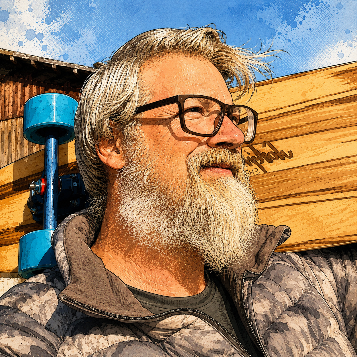 Ein älterer Mann mit grauem Bart und Brille, trägt eine Kleidung im Camouflage-Muster, steht vor einem Holzschild, trägt ein Surfbrett auf den Schultern und schaut in die Ferne, an einem sonnigen Tag.