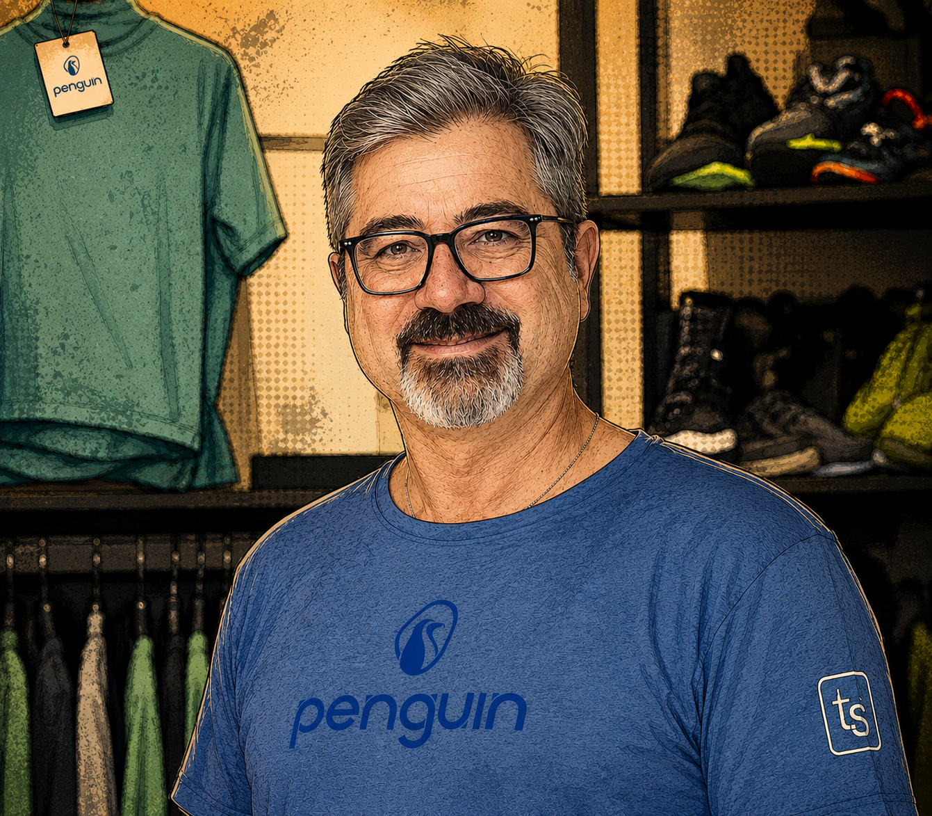 Ein Mann mit Brille, grauem Bart, blauer T-Shirt mit dem Logo 'Penguin' und einem 'Teams'-Logo auf dem Ärmel, steht in einem Bekleidungsgeschäft mit Regalen voller Turnschuhe und anderer Kleidung im Hintergrund.