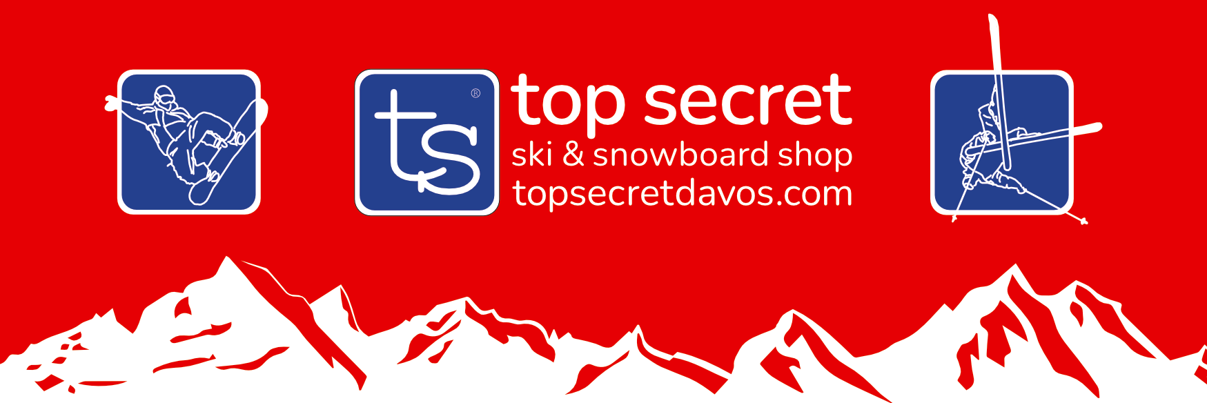 Werbeplakat für einen Ski- und Snowboardladen namens top secret, mit Website topsecretdavos.com, roter Hintergrund, weiße Berge, blaue Symbole mit weißen Skifahrern und der Markenlogo "ts".