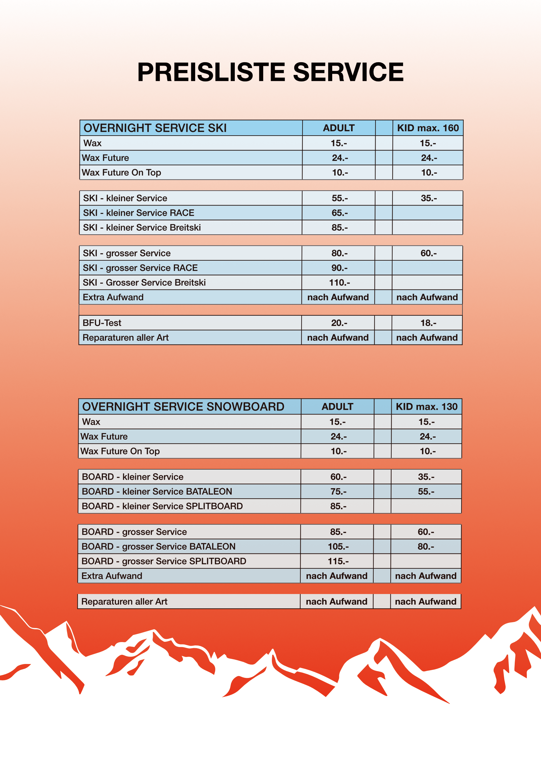 Preisliste für Ski-Service mit Preisen für verschiedene Servicepakete, gegliedert nach kleiner und großer Service sowie Board-Service, auf einem Hintergrund mit Berg-Silhouette.
