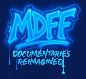 Neon sign reading 'MDF' with the tagline 'Documentaries Reimagined' underneath in blue lettering.
