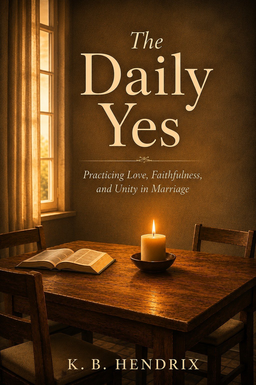Book cover titled "The Daily Yes: Practicing Love, Faithfulness, and Unity in Marriage" by K. B. Hendrix. The cover shows a lit candle and an open book on a wooden table in a room with a window and curtains, bathed in warm sunlight.