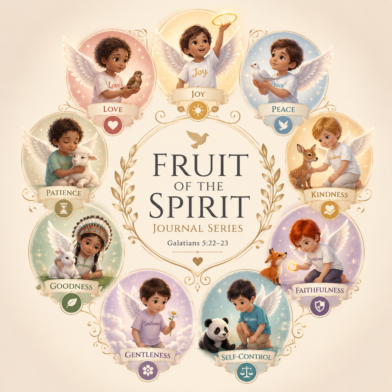 Fruit of the Spirit Journal Series featuring the nine fruits of the Spirit from Galatians 5:22-23 represented through illustrated children and symbolic animals.