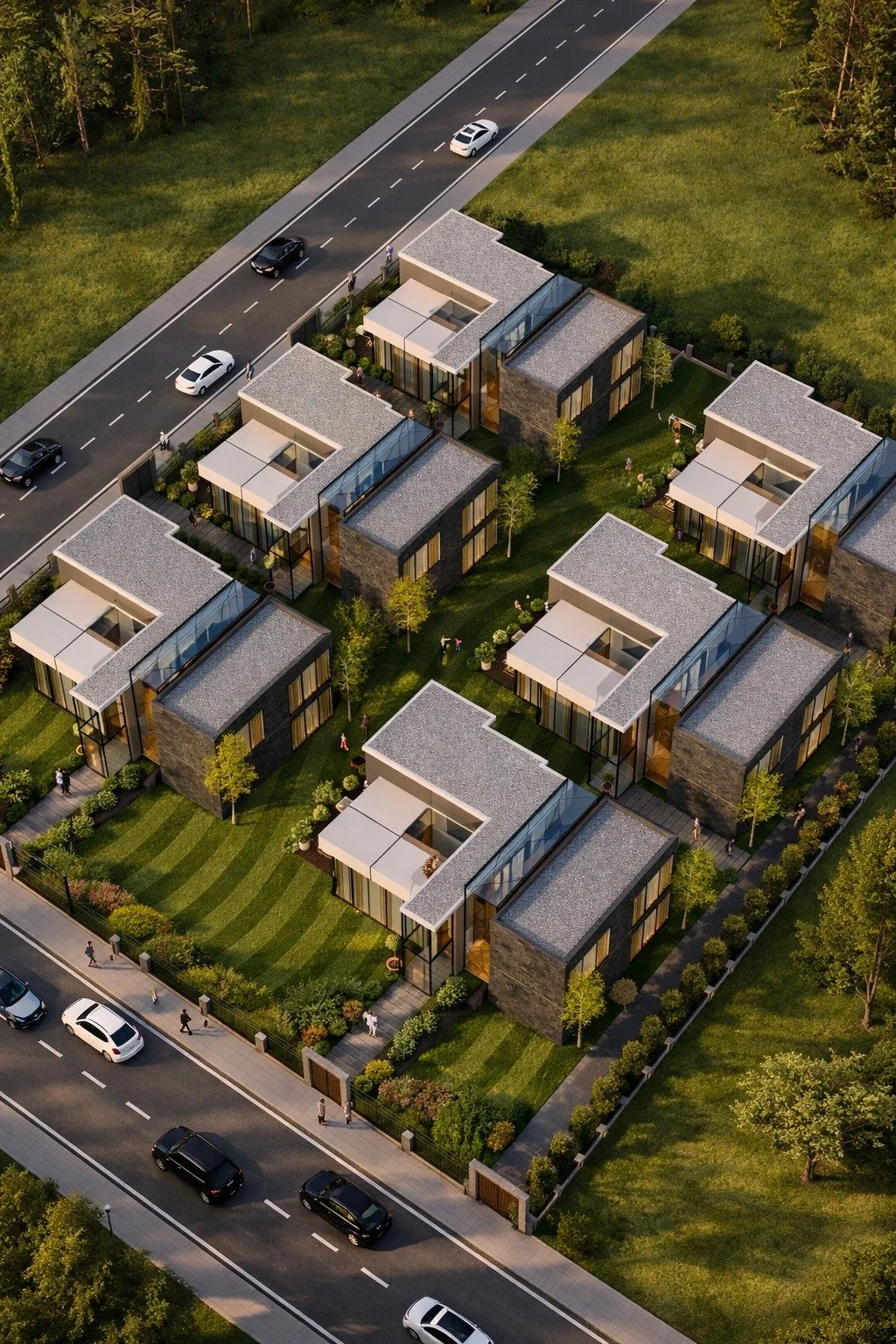  aerial view of modern residential houses with green lawns, trees, and parked cars along the street.