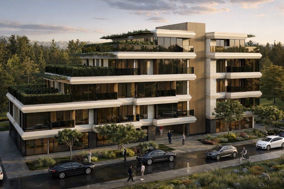 A modern multi-story residential building with balconies and greenery on the roofs, surrounded by trees and parked cars, during sunset.