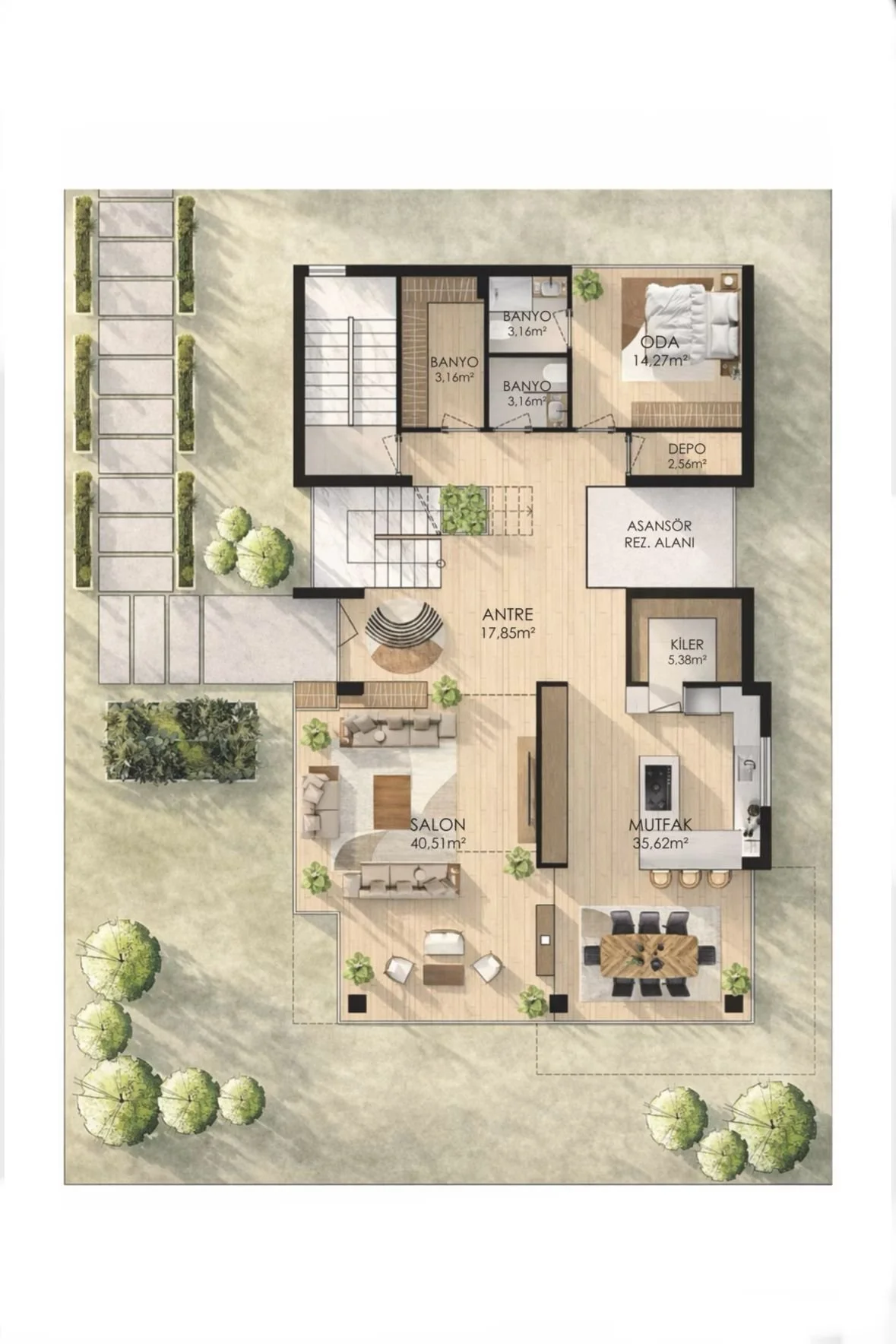 Floor plan of a house with a garden, featuring a living room, kitchen, bedroom, bathroom, storage room, elevator, and outdoor seating area.