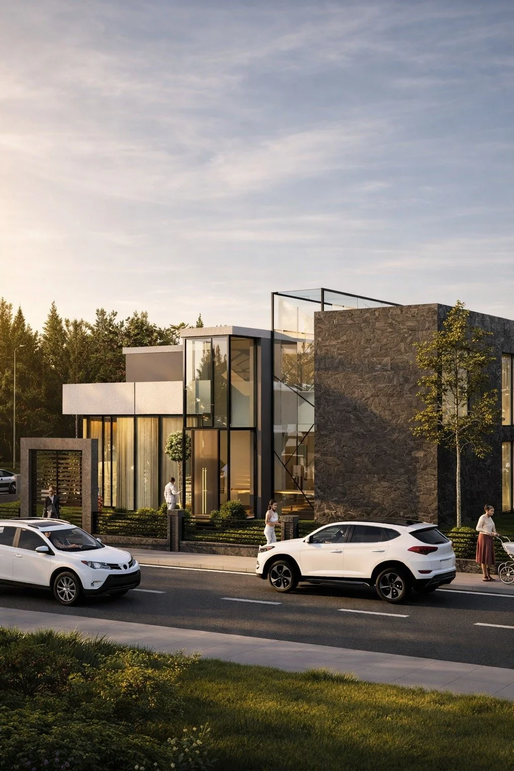 Modern building with glass facade and stone exterior, cars parked on the street, and pedestrians walking along the sidewalk during sunset.