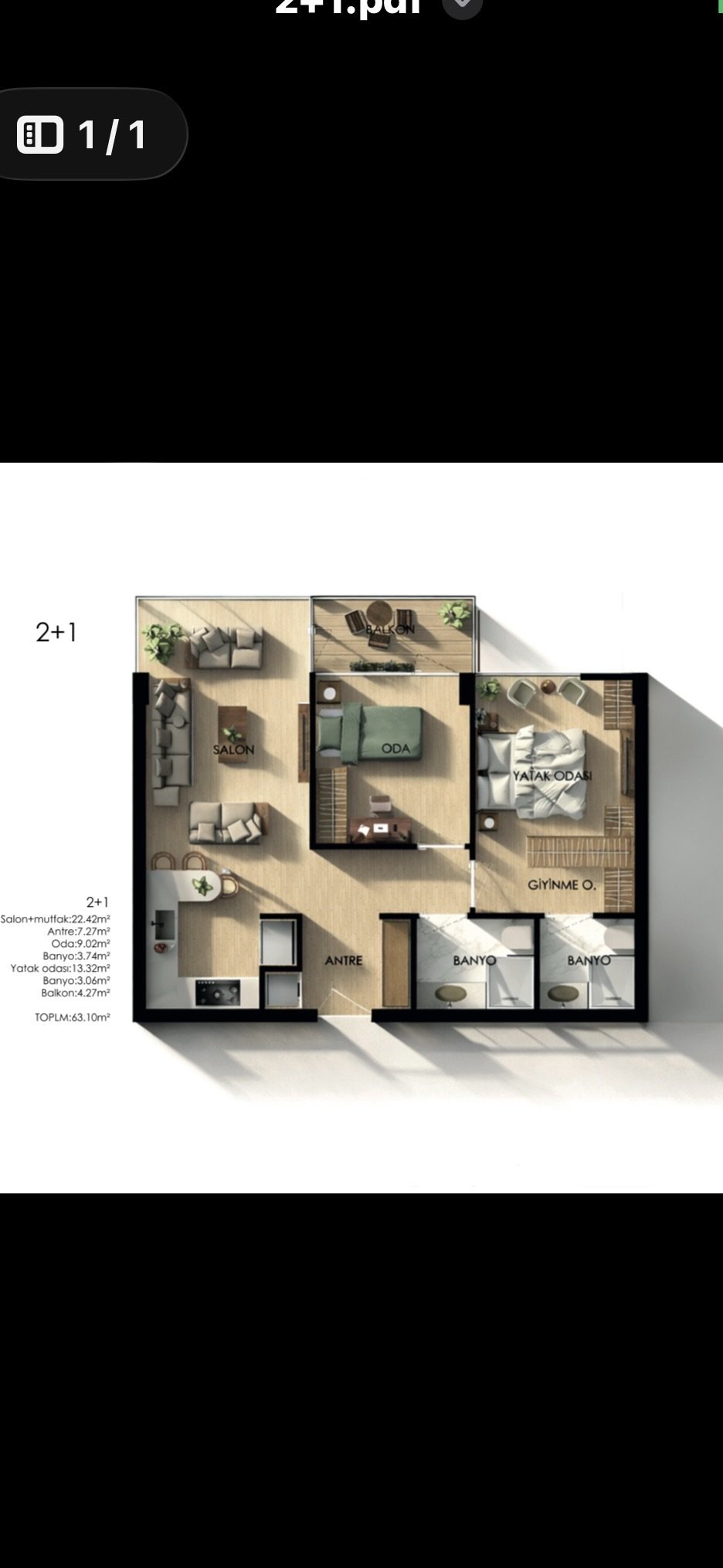 Floor plan of a 2+1 apartment including a living room, bedroom, kitchen, bathroom, dressing room, balcony, and entryway.