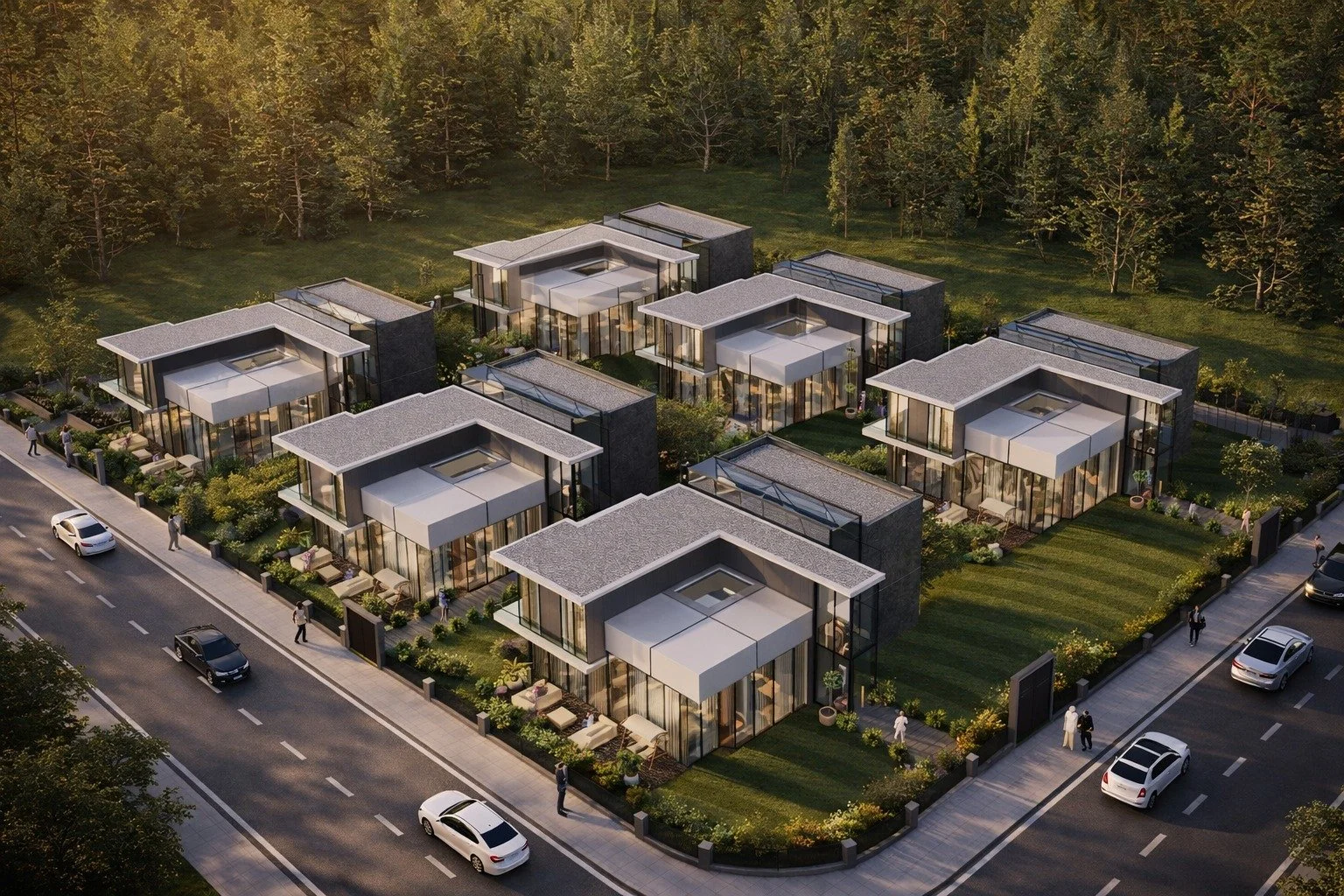 Aerial view of a modern residential complex with multiple two-story houses featuring large glass windows, surrounded by greenery and trees, with a street and parked cars in the foreground.