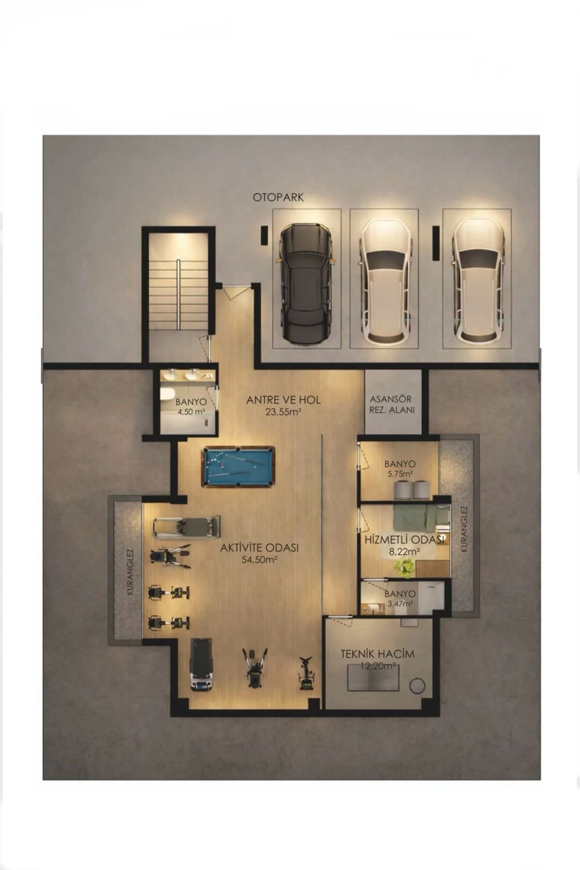 Floor plan of a house showing a parking area with three cars, a hallway, two bathrooms, a gym, a technician room, an activity room with gym equipment, and a small bedrooms and bathroom, with labels in Turkish.