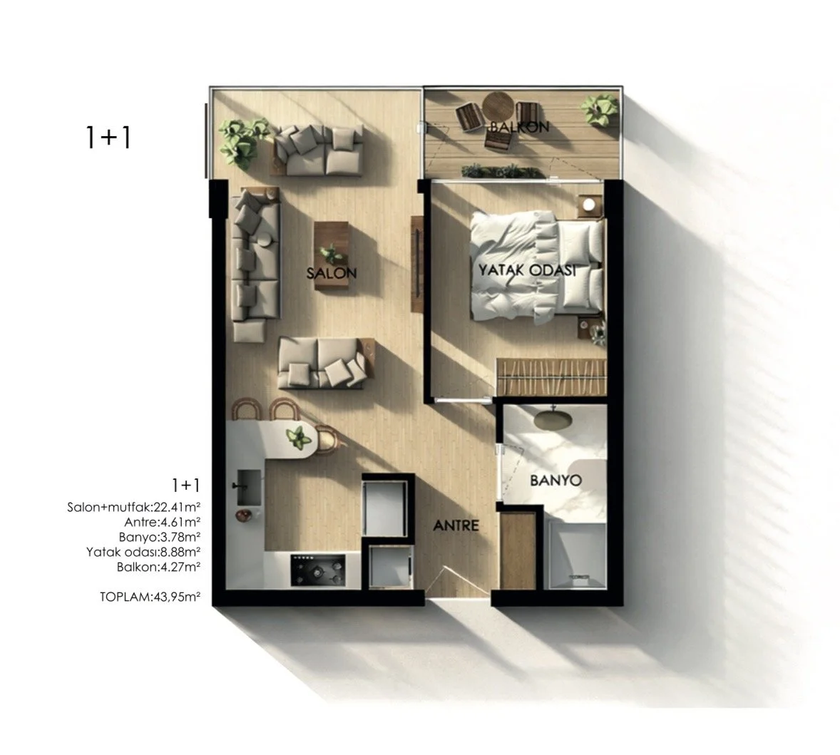 Floor plan of a small apartment with labeled areas including a living room, bedroom, bathroom, balcony, kitchen, and entrance.