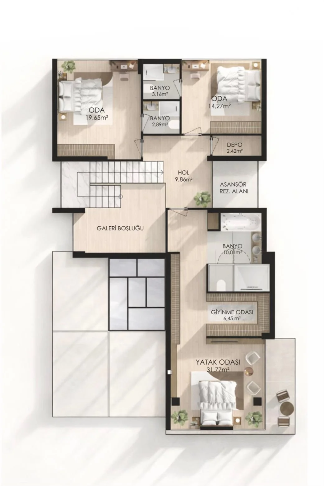 Floor plan of a house with multiple rooms, including bedrooms, bathrooms, a living area, and a balcony.
