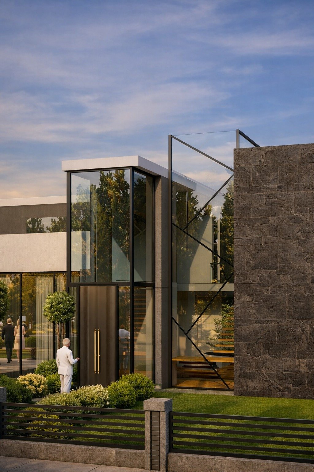 Modern building with large glass windows, a stone wall, greenery, and a few people outside during sunset.