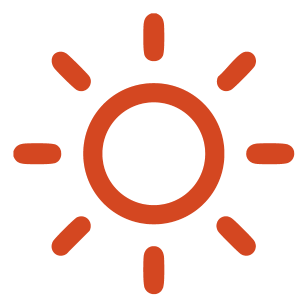 Un sol estilizado en color rojo con ocho rayos alrededor.
