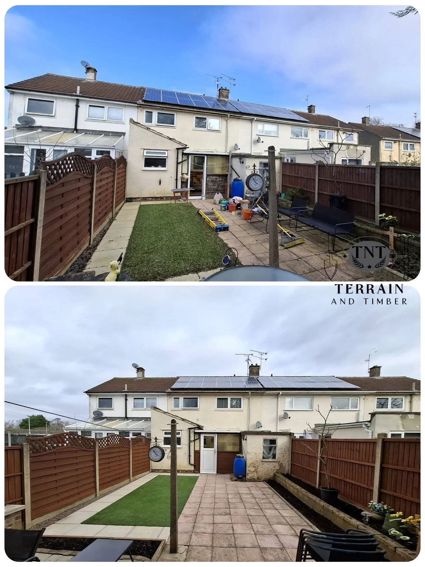 Fence, shed, and conservatory all freshly painted 
Garden tidied up with rubbish cleared away 
Conifers trimmed back neatly 
Boarders dug up and weeded 🪏
Patio and timber areas jet washed 