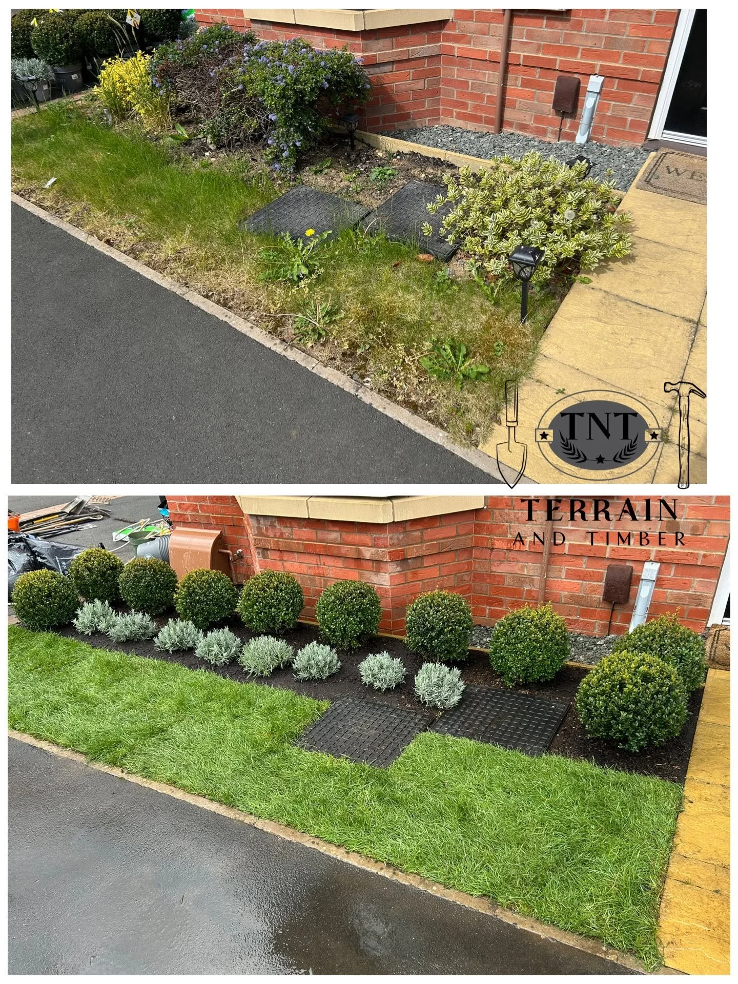 We cleared out all the old turf and overgrown flowers, gave the space a full weed, and discovered the existing soil was heavy clay. To give the new plants the best start, we removed it and replaced it with fresh, quality soil to help the grass and fl