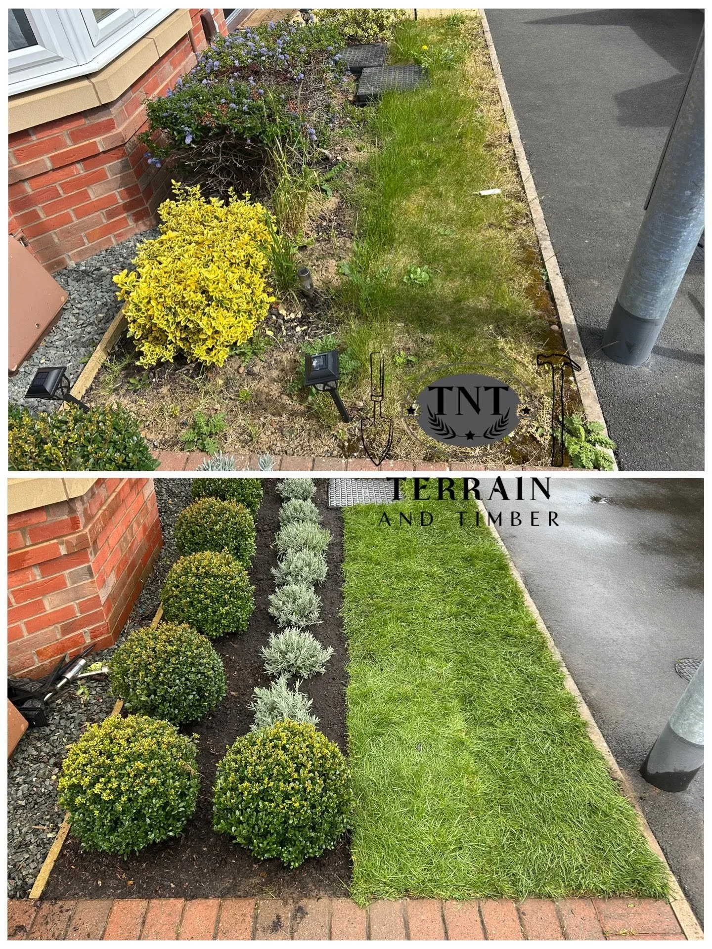 We cleared out all the old turf and overgrown flowers, gave the space a full weed, and discovered the existing soil was heavy clay. To give the new plants the best start, we removed it and replaced it with fresh, quality soil to help the grass and fl
