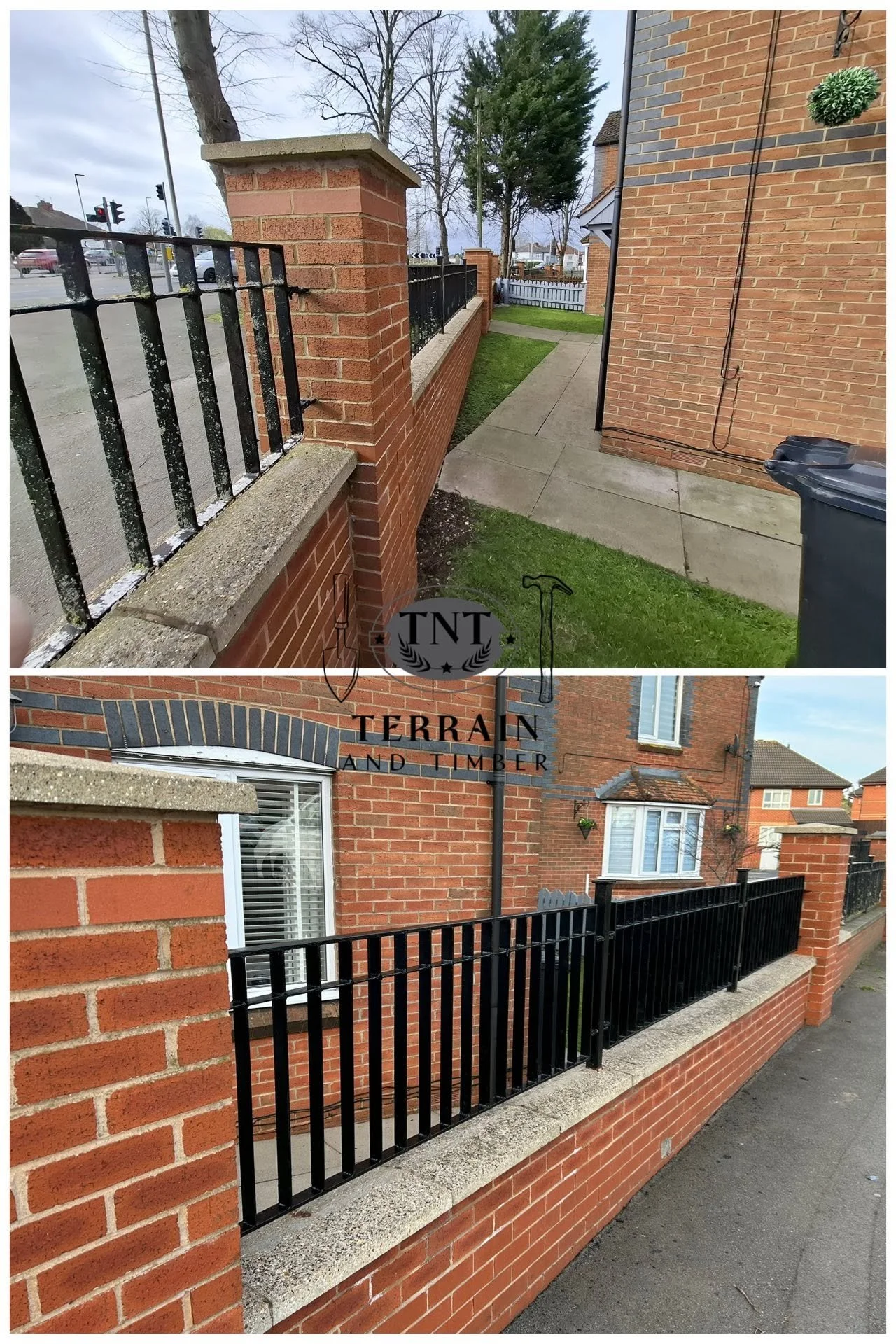 This metal fence was thoroughly wire brushed to remove loose rust and prepare the surface properly before painting, it was then finished in a sleek black coating, with extra care taken thoughout to ensure a smooth, even finish with no drips or runs.